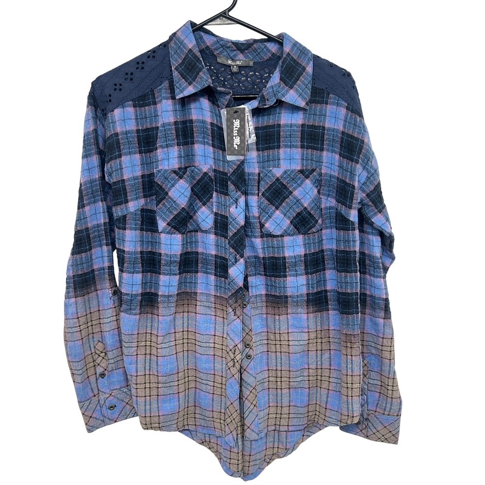Miss Me Plaid Flannel Shirt M Blue Lace Western Boho Festival Cowgirl Ranch NWT